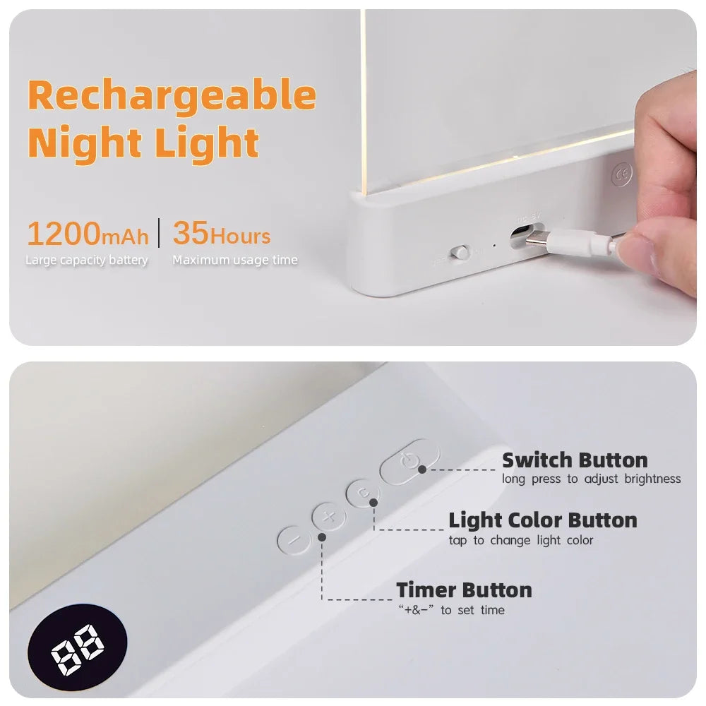 Book Light, Led Lights, Rechargeable LED Flat Book Lights，3 Colors & Timer, Dimmable Panel Plate Book Lamp